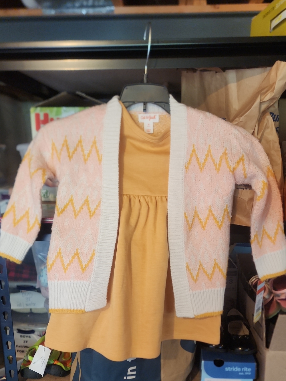 2T Cat & Jack Pink and Pink & Mustard Zigzag Chevron Cardigan & Knit Dress Set